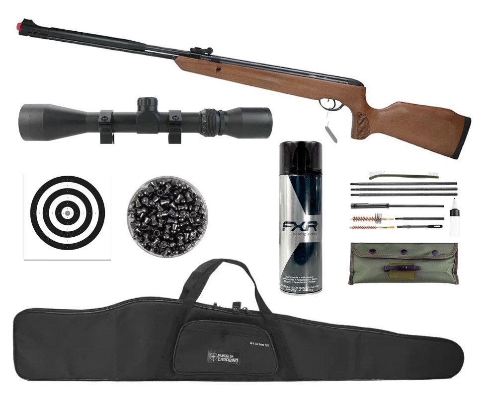 Carabina de Pressão Naja 2.0 Wood Madeira 5,5 Gas Ram Nitro Cano Fixo - TAG + Luneta 4x32 + Capa + Chumbos + Alvos + Desengripante / Anticorrosivo + Kit de Limpeza