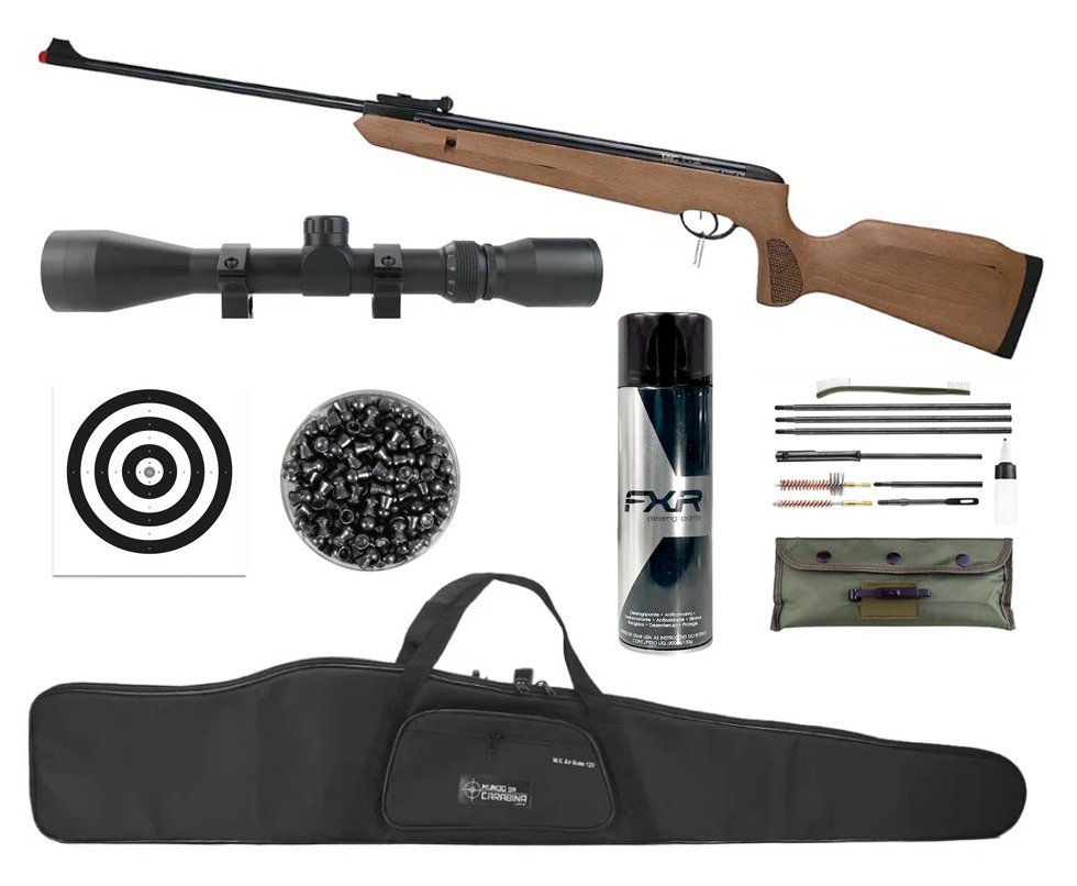 Carabina de Pressão Naja Wood Madeira Nitro Gás Ram 4,5mm - TAG + Luneta 4x32 + Capa + Chumbo + Alvos + Desengripante / Anticorrosivo + Kit de Limpeza