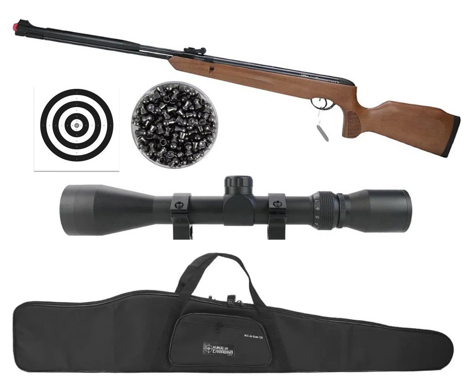 Carabina de Pressão Naja 2.0 Wood Madeira 4,5 Gas Ram Nitro Cano Fixo - TAG + Luneta 4x32 + Capa + Chumbo + Alvos