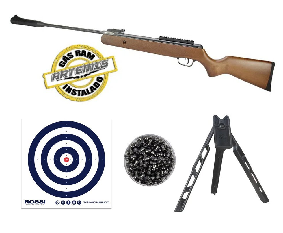 Carabina De Pressão Black Hawk Wood Edition Gas Ram 70kg 4.5mm Artemis + Tripé + Alvos + Chumbo