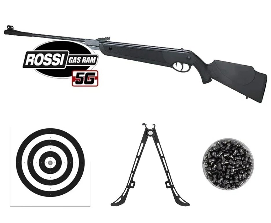 Carabina de Pressão Rossi Dione 5G Gás Ram 60kg 5,5mm + Bipé + Alvos + Chumbos