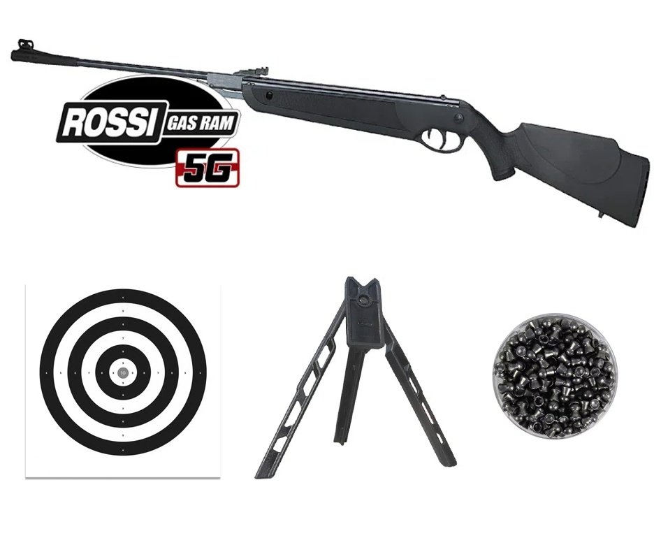 Carabina de Pressão Rossi Dione 5G Gás Ram 60kg 5,5mm + Tripé + Alvos + Chumbos