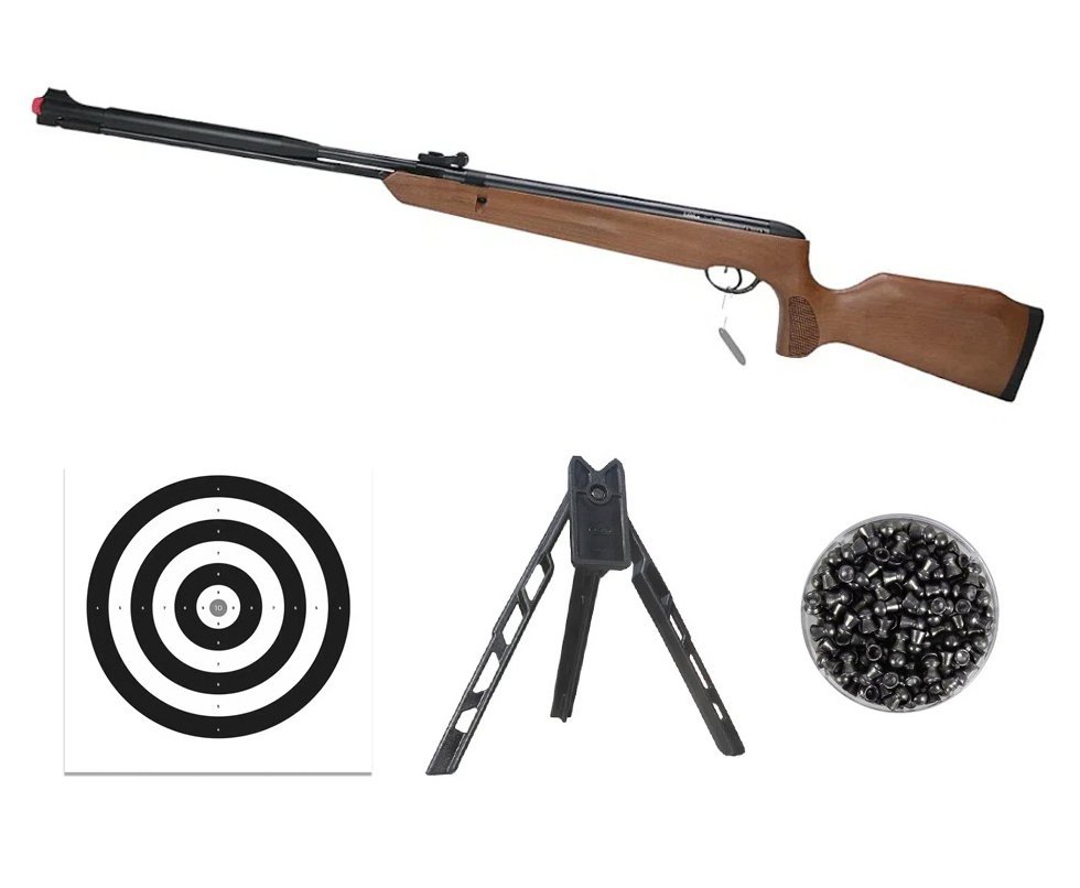 Carabina de Pressão Naja 2.0 Wood Madeira 5,5 Gas Ram Nitro Cano Fixo - TAG + Tripé + Alvos + Chumbos