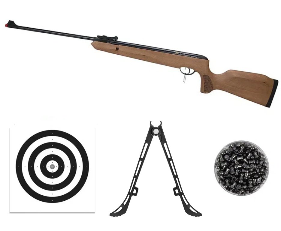 Carabina de Pressão Naja Wood Madeira Nitro Gás Ram 5,5mm - TAG + Bipé + Alvos + Chumbos
