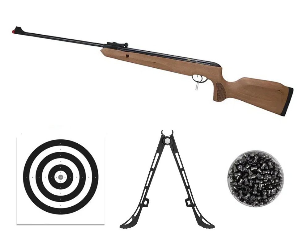 Carabina de Pressão Naja Wood Madeira Nitro Gás Ram 5,5mm - TAG + Bipé + Alvos + Chumbos