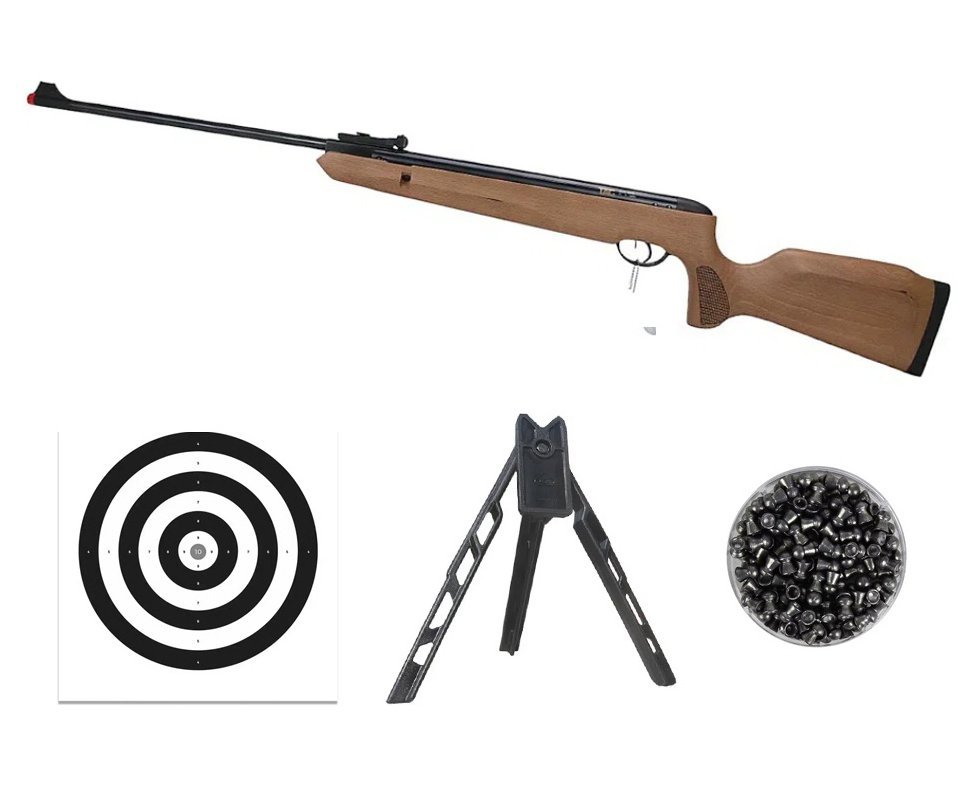 Carabina de Pressão Naja Wood Madeira Nitro Gás Ram 5,5mm - TAG + Tripé + Alvos + Chumbos