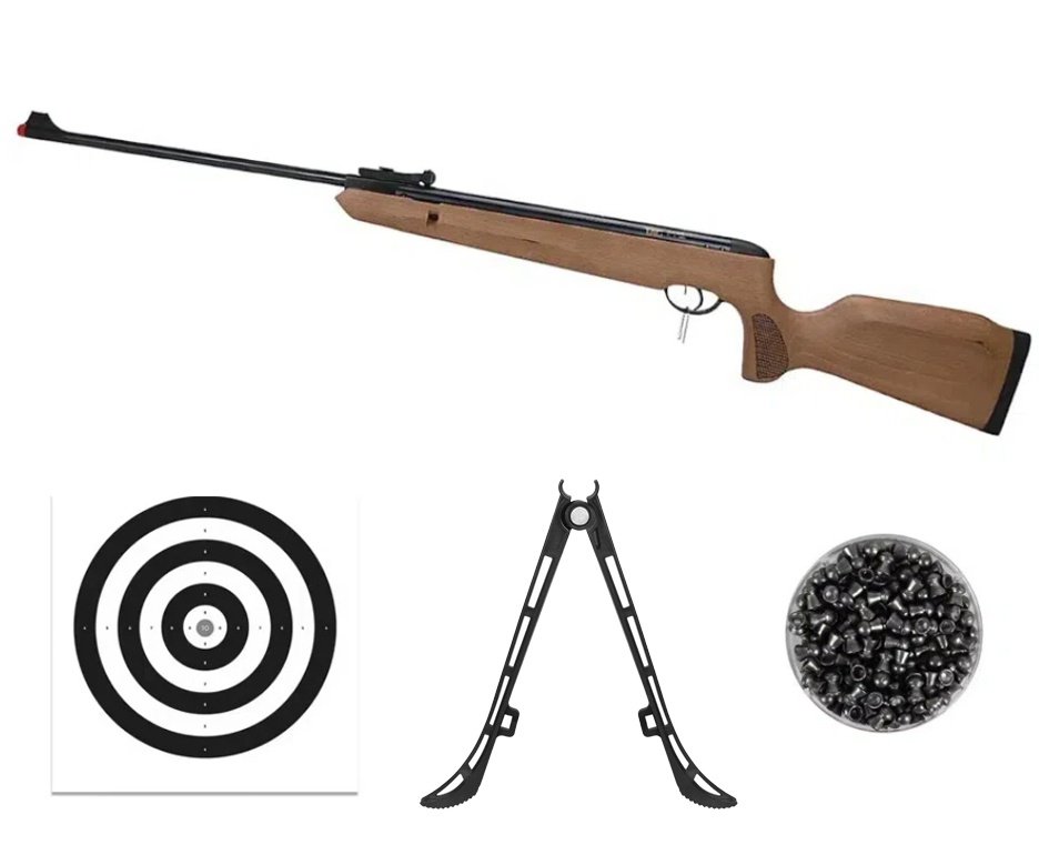 Carabina de Pressão Naja Wood Madeira Nitro Gás Ram 4,5mm - TAG + Bipé + Alvos + Chumbos