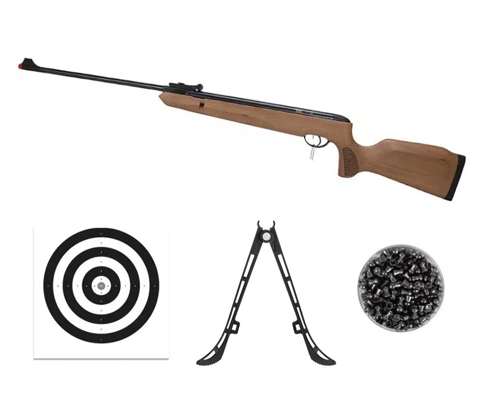Carabina de Pressão Naja Wood Madeira Nitro Gás Ram 4,5mm - TAG + Bipé + Alvos + Chumbos