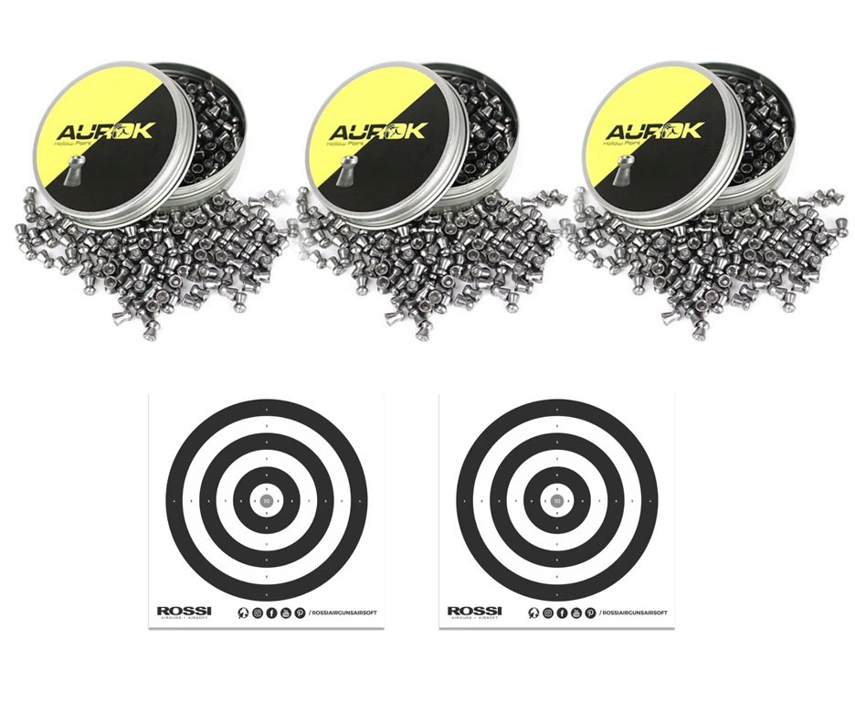 Kit 3 latas de Chumbinho Aurok Hollow Point 5,5mm 250 unids + Alvos