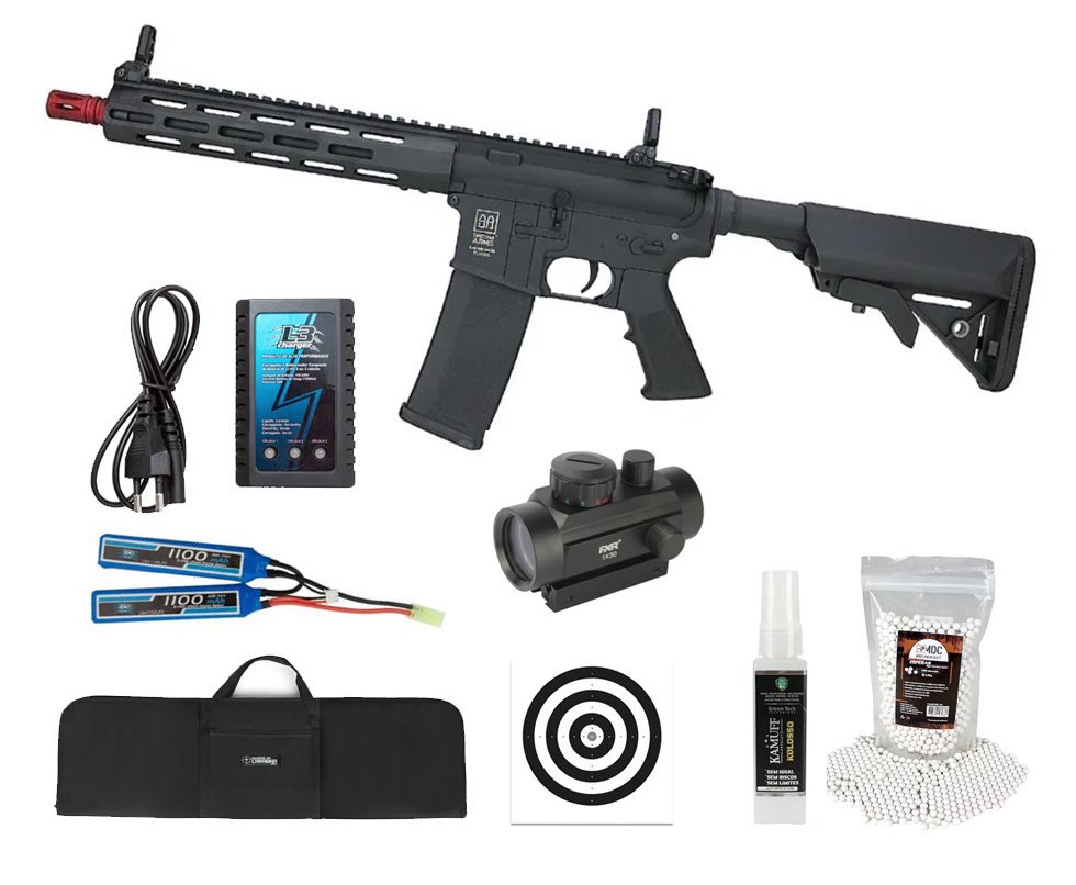 Rifle de Airsoft AEG M4 SA-F03 Flex Black M-LOK - Specna Arms + Bateria + Carregador + Alvos + BBS + Capa + Red Dot + Kamuff