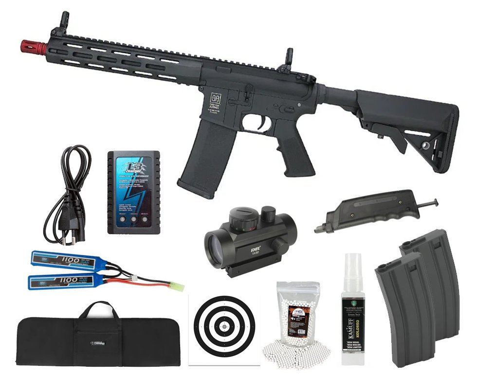 Rifle de Airsoft AEG M4 SA-F03 Flex Black M-LOK - Specna Arms + Bateria + Carregador + Alvos + BBS + Capa + Red Dot + Kamuff + Magazine Extra + Speed Loader