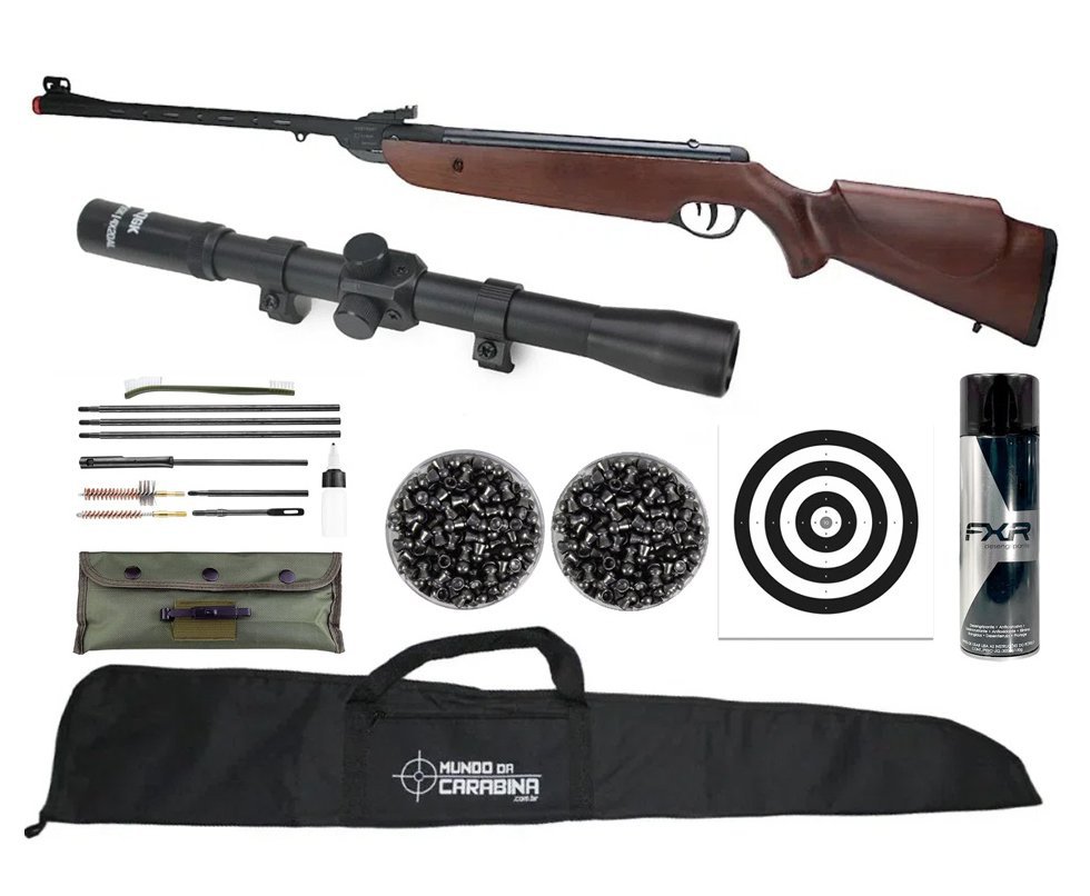 Carabina de Pressão Rossi Dione Sport MH Madeira 5.5 + Capa + Luneta 4x20 + Chumbo + Alvos + Kit Limpeza + Desengripante / Anticorrosivo