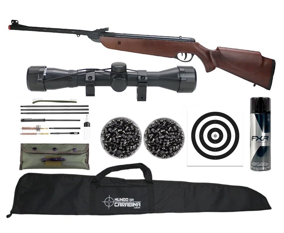 Carabina de Pressão Rossi Dione Sport MH Madeira 5.5 + Capa + Luneta 4x32 + Chumbo + Alvos + Kit de Limpeza + Desengripante / Anticorrosivo