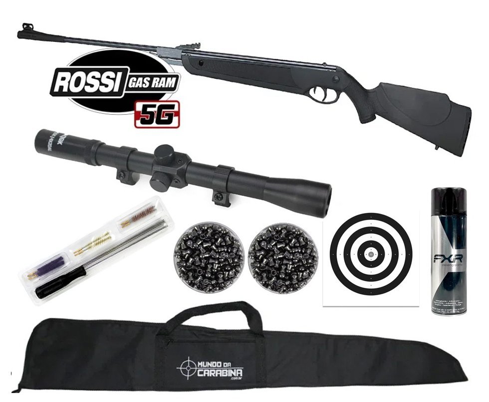 Carabina de Pressão Rossi Dione 5G Gás Ram 60kg 4,5 + Luneta 4x32 + Capa + Chumbo + Alvos + Kit Limpeza + Desengripante / Anticorrosivo