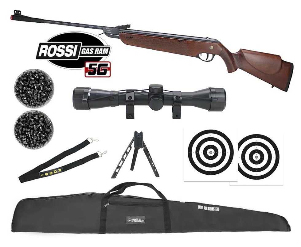 Carabina de Pressão Rossi Dione 5G Madeira Gás Ram Nitro 5.5 + Luneta 4x32 + Capa + Chumbo + Alvos + Bandoleira + Tripé