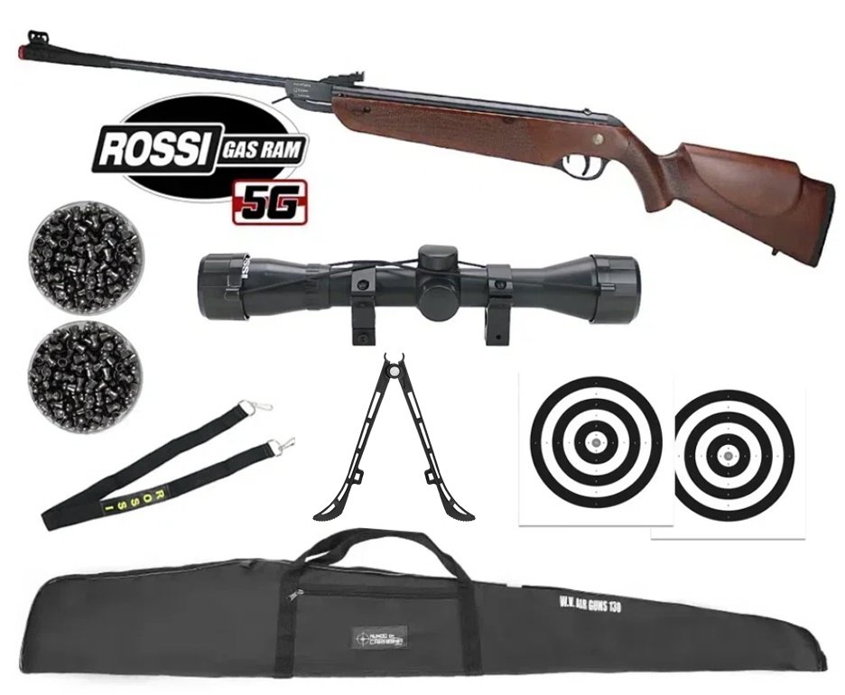 Carabina de Pressão Rossi Dione 5G Madeira Gás Ram Nitro 5.5 + Luneta 4x32 + Capa + Chumbo + Alvos + Bandoleira + Bipé