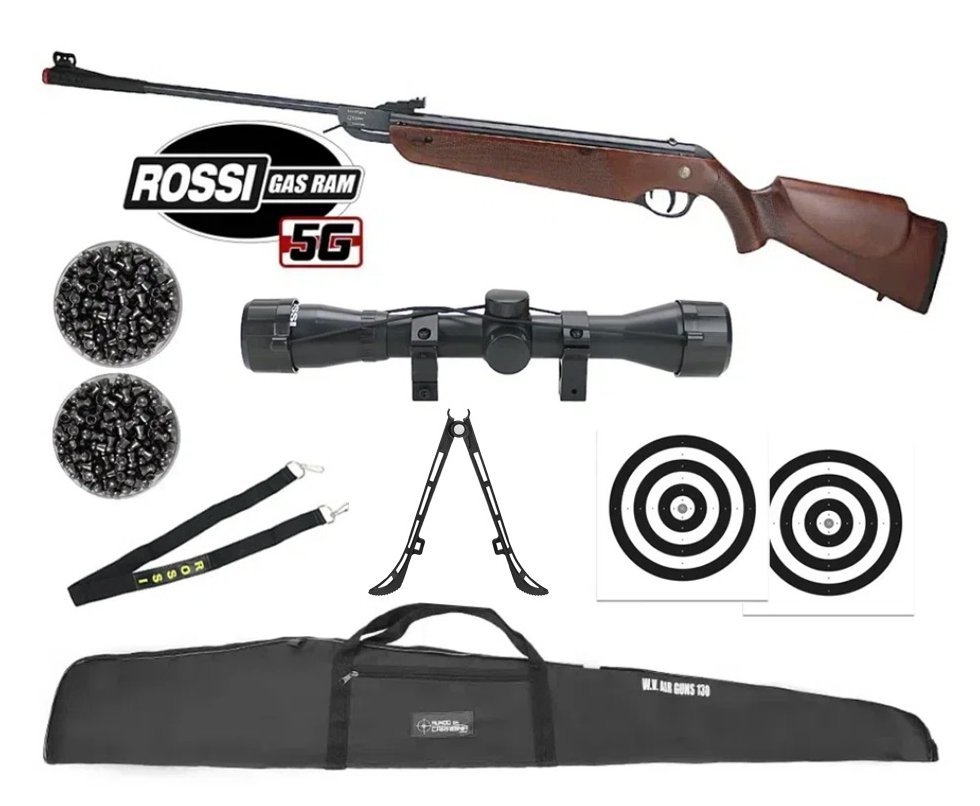 Carabina de Pressão Rossi Dione 5G Madeira Gás Ram Nitro 5.5 + Luneta 4x32 + Capa + Chumbo + Alvos + Bandoleira + Bipé