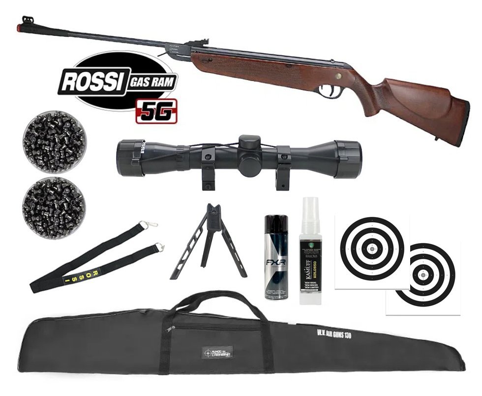Carabina de Pressão Rossi Dione 5G Madeira Gás Ram Nitro 5.5 + Luneta 4x32 + Capa + Chumbo + Alvos + Bandoleira + Tripé + Kamuff + Desengripante / Anticorrosivo