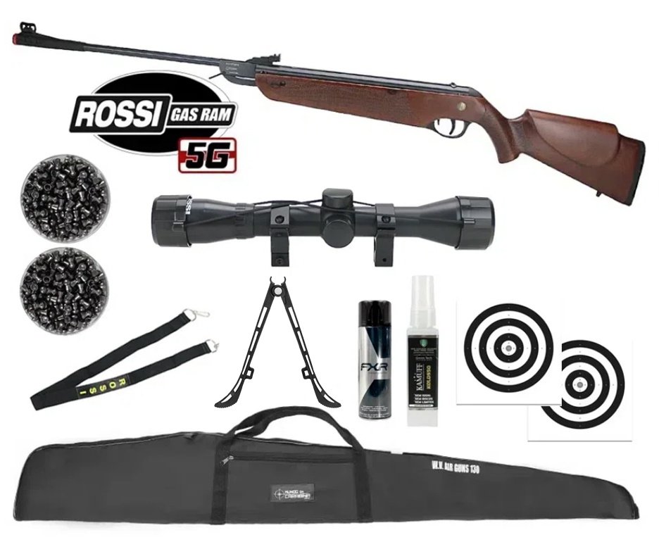 Carabina de Pressão Rossi Dione 5G Madeira Gás Ram Nitro 5.5 + Luneta 4x32 + Capa + Chumbo + Alvos + Bandoleira + Bipé + Kamuff + Desengripante / Anticorrosivo