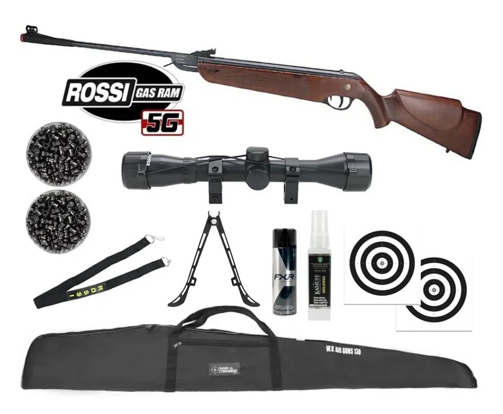 Carabina de Pressão Rossi Dione 5G Madeira Gás Ram Nitro 5.5 + Luneta 4x32 + Capa + Chumbo + Alvos + Bandoleira + Bipé + Kamuff + Desengripante / Anticorrosivo