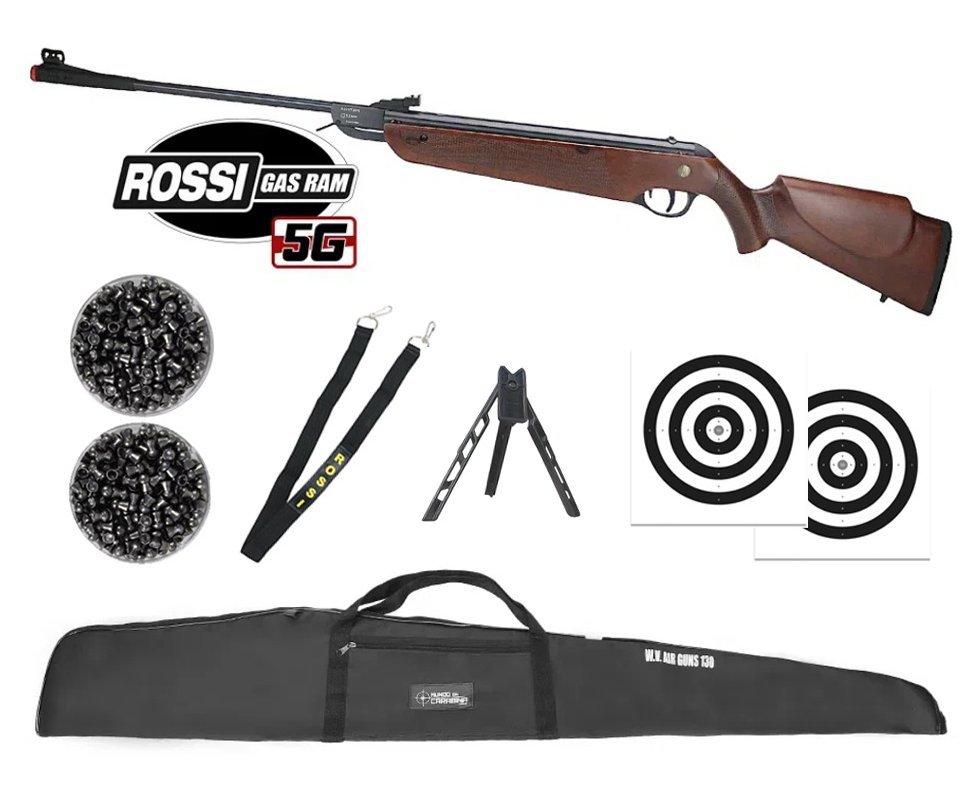 Carabina de Pressão Rossi Dione 5G Madeira Gás Ram Nitro 5.5 + Capa + Chumbo + Alvos + Bandoleira + Tripé