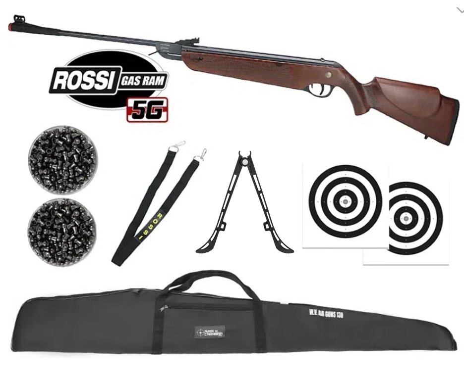 Carabina de Pressão Rossi Dione 5G Madeira Gás Ram Nitro 5.5 + Capa + Chumbo + Alvos + Bandoleira + bipé
