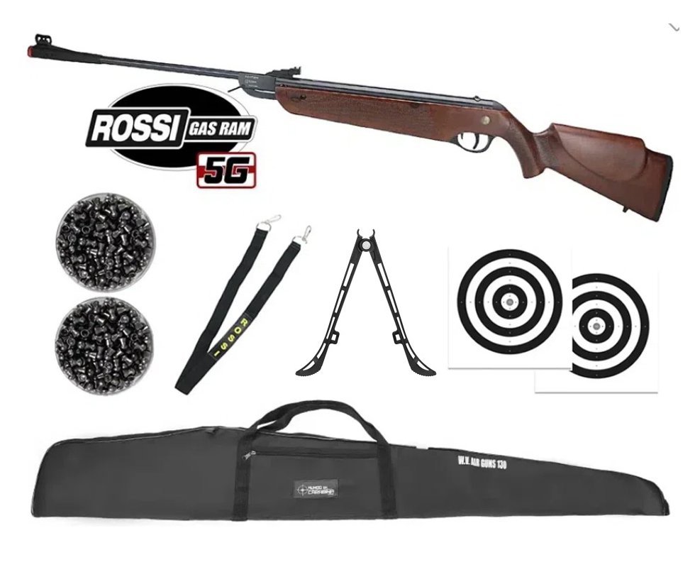 Carabina de Pressão Rossi Dione 5G Madeira Gás Ram Nitro 5.5 + Capa + Chumbo + Alvos + Bandoleira + bipé