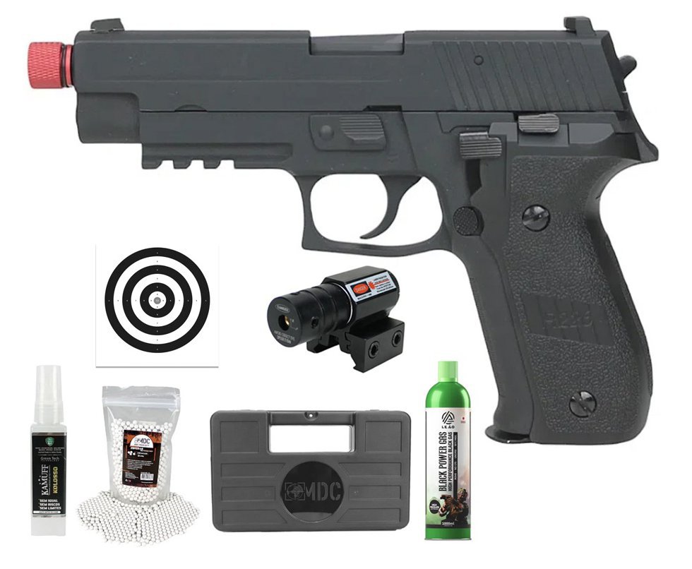 Pistola de Airsoft Gás GBB P226 Blowback 6mm - Rossi + GBB + BBS + Case + Alvos + Laser + Kamuff