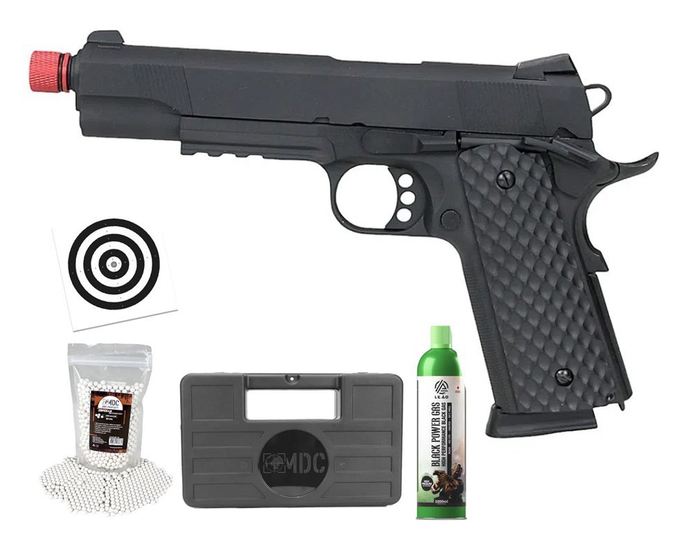 Pistola de Airsoft Gás GBB 1911 Commander Blowback Full Metal 6mm - Rossi + GBB + BBS + Case + Alvos