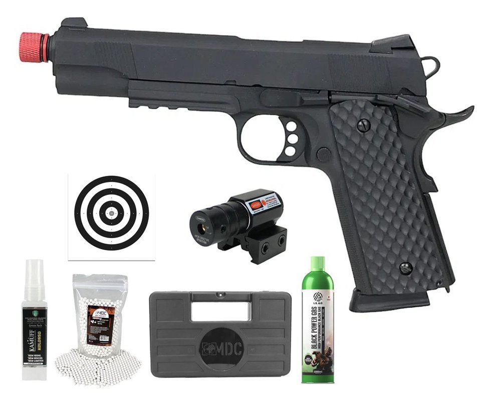 Pistola de Airsoft Gás GBB 1911 Commander Blowback Full Metal 6mm - Rossi + GBB + BBS + Case + Alvos + Laser + Kamuff