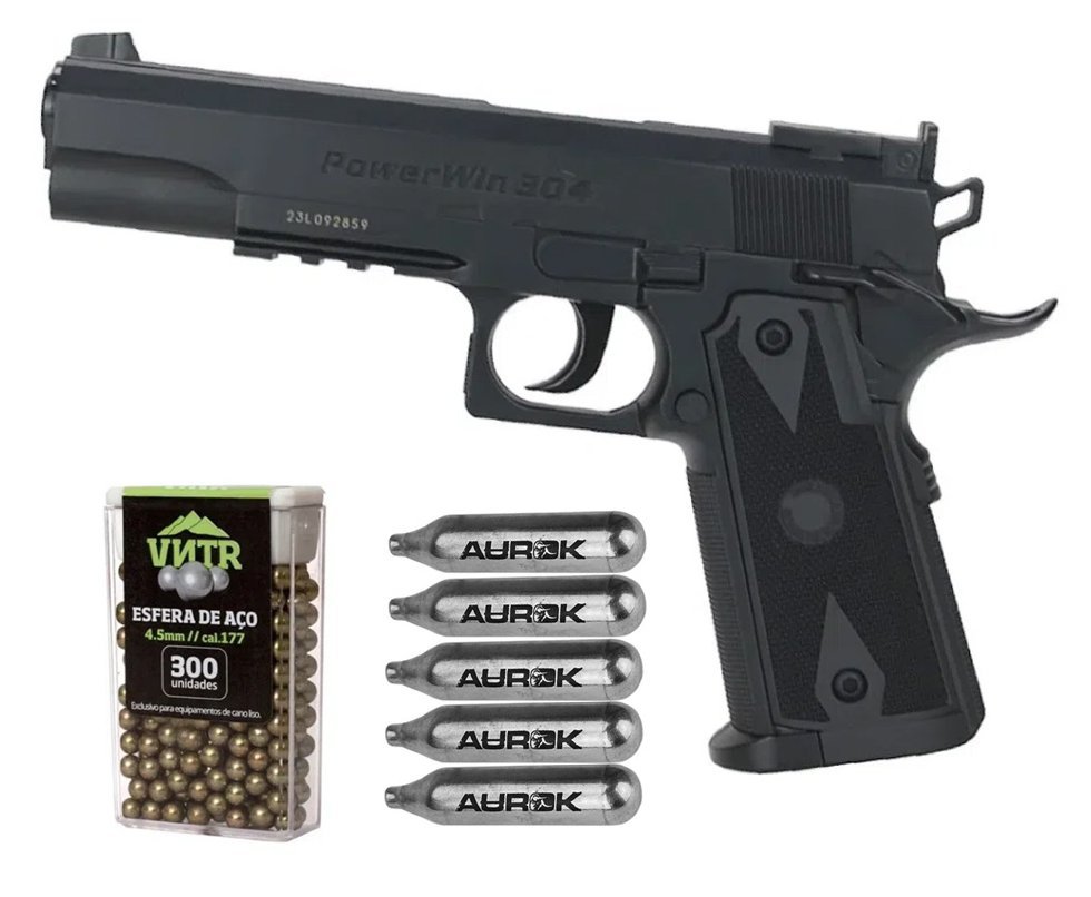 Pistola de Pressão CO2 1911 Match 20 tiros 4,5mm Power Win + Co2 + BBS