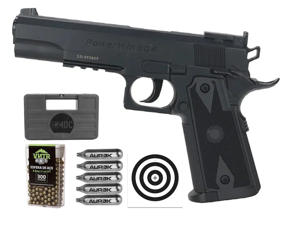 Pistola de Pressão CO2 1911 Match 20 tiros 4,5mm Power Win + Co2 + BBS + Case + Alvos