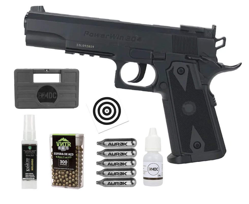 Pistola de Pressão CO2 1911 Match 20 tiros 4,5mm Power Win + Co2 + BBS + Case + Alvos + Kamuff + Óleo de Silicone