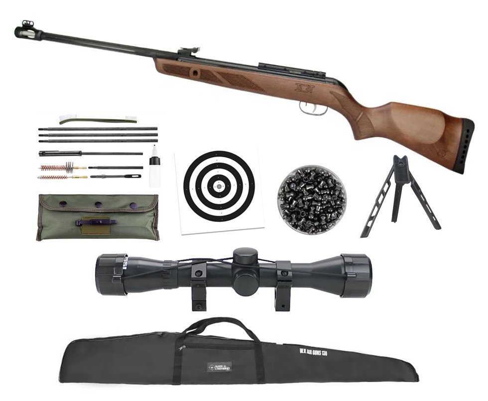 Carabina De Pressão Gamo News Hunter 440-as Igt Madeira Cal 5,5 + Luneta 4x32 + Capa + Chumbo + Alvos + Kit de Limpeza + Tripé