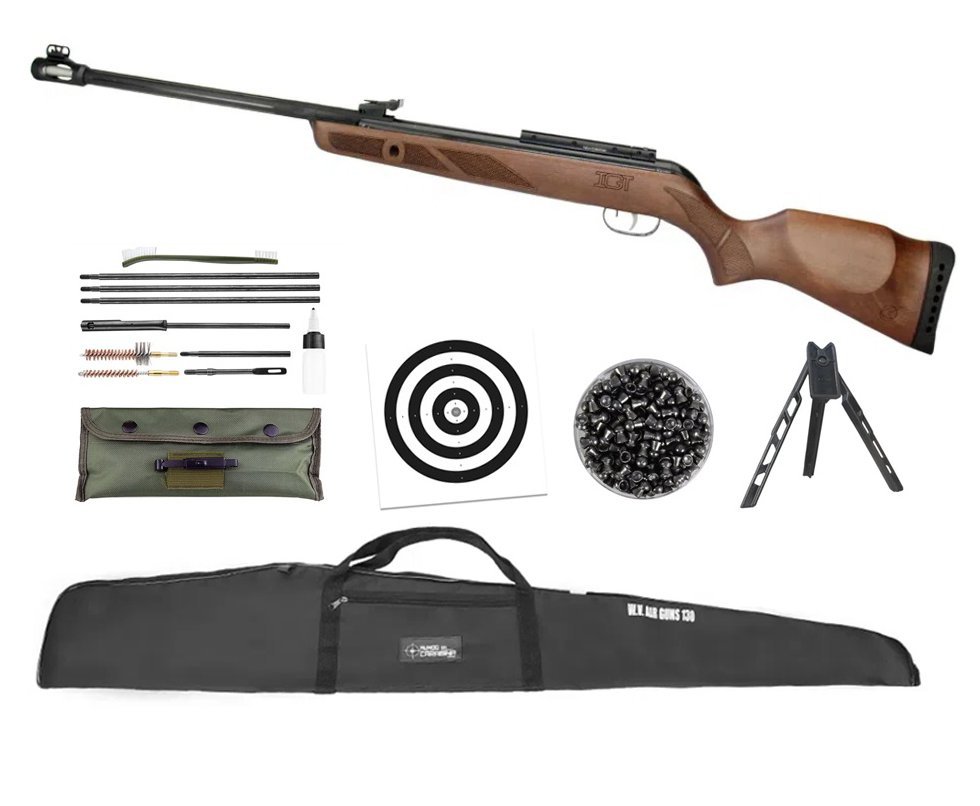 Carabina De Pressão Gamo News Hunter 440-as Igt Madeira Cal 5,5 + Capa + Chumbo + Alvos + Kit de Limpeza + Tripé