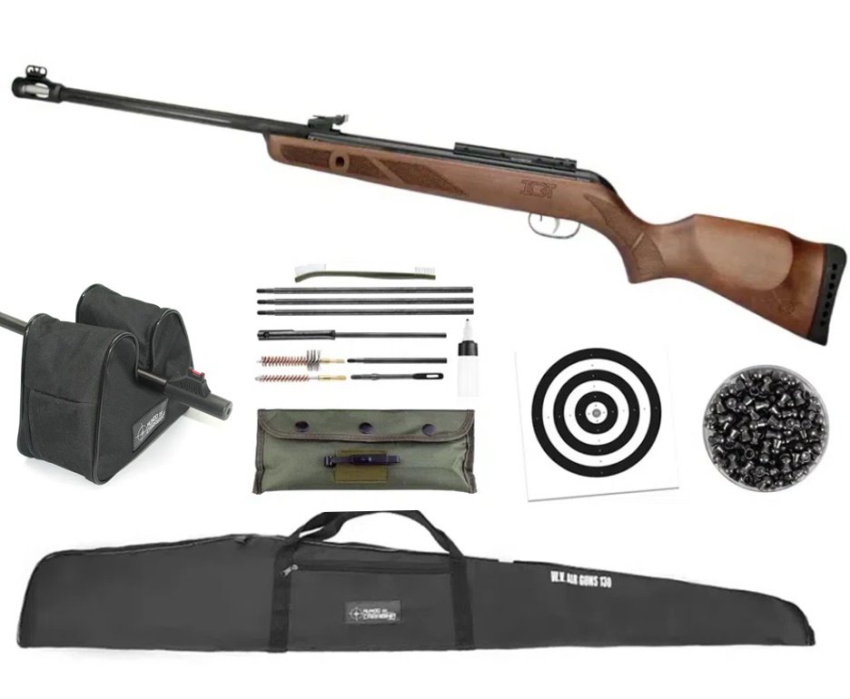Carabina De Pressão Gamo News Hunter 440-as Igt Madeira Cal 5,5 + Capa + Chumbo + Alvos + Kit de Limpeza + Sand Bag