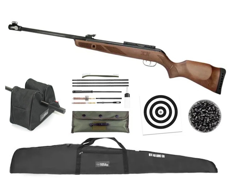 Carabina De Pressão Gamo News Hunter 440-as Igt Madeira Cal 5,5 + Capa + Chumbo + Alvos + Kit de Limpeza + Sand Bag