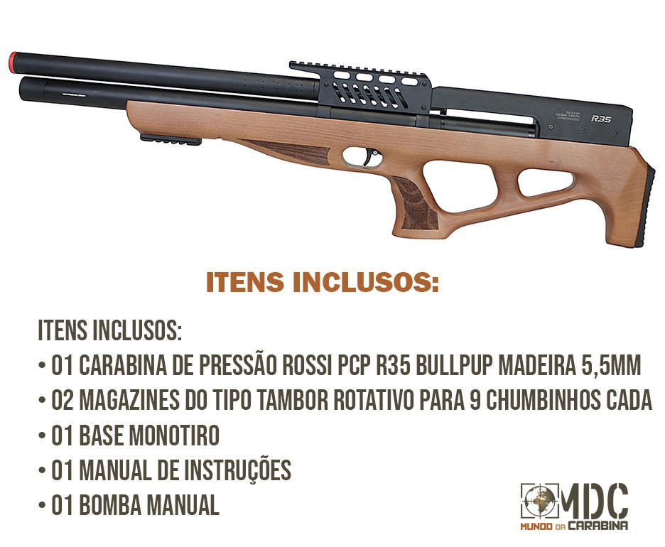 Carabina de Pressão PCP R35 Bullpup Madeira 5,5mm Rossi + Bomba