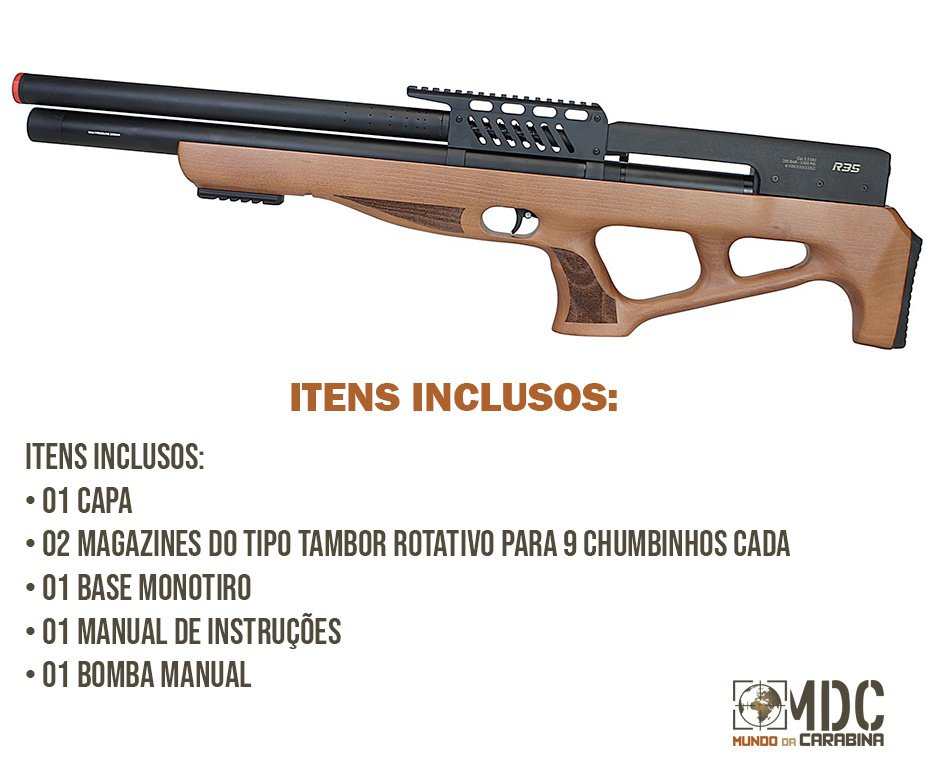 Carabina de Pressão PCP R35 Bullpup Madeira 5,5mm Rossi + Bomba + Capa