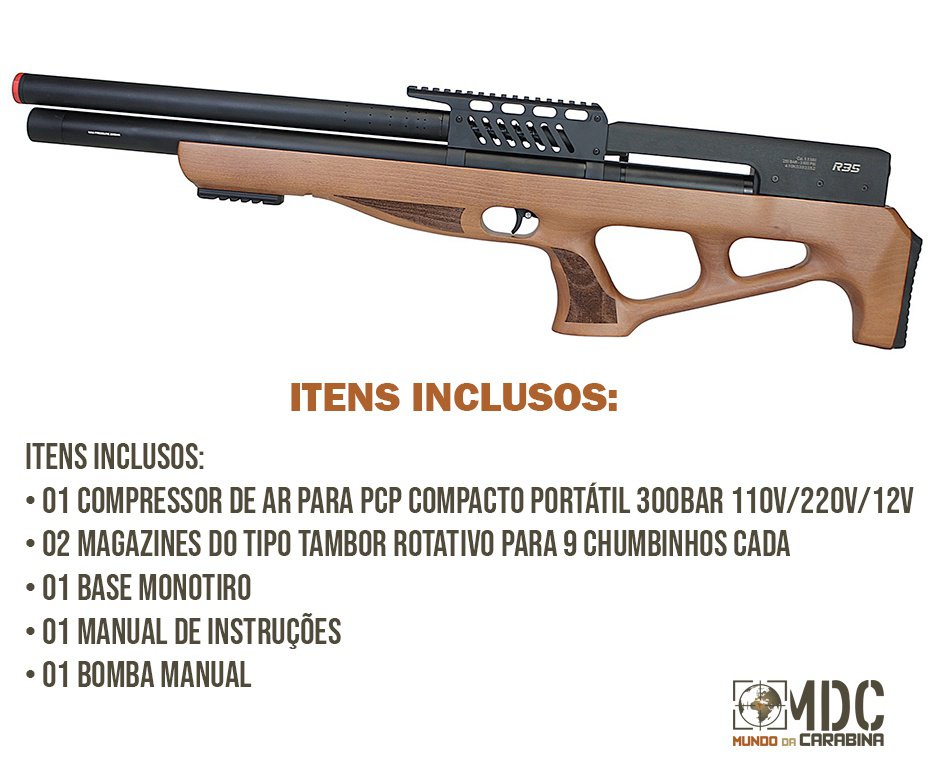 Carabina de Pressão PCP R35 Bullpup Madeira 5,5mm Rossi + Compressor