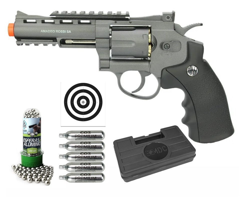 Revolver 38 Pressão Gas Co2 6 Tiros 4" Oxidado Rossi Full Metal M701 6.0 Wingun + BBS Aluminio + Co2 + Case + Alvos