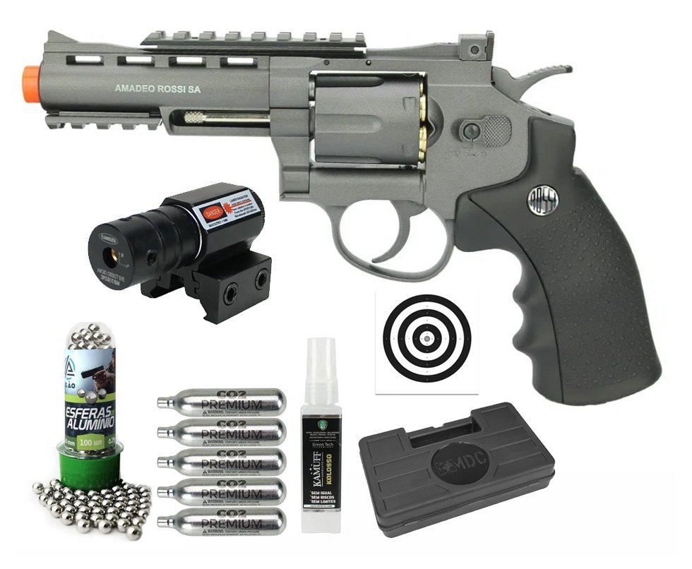 Revolver 38 Pressão Gás Co2 6 Tiros 4" Rossi Full Metal M701 6.0 Esfera aluminio - Wingun + BBS Aluminio + Co2 + Case + Alvos + Kamuff + Laser