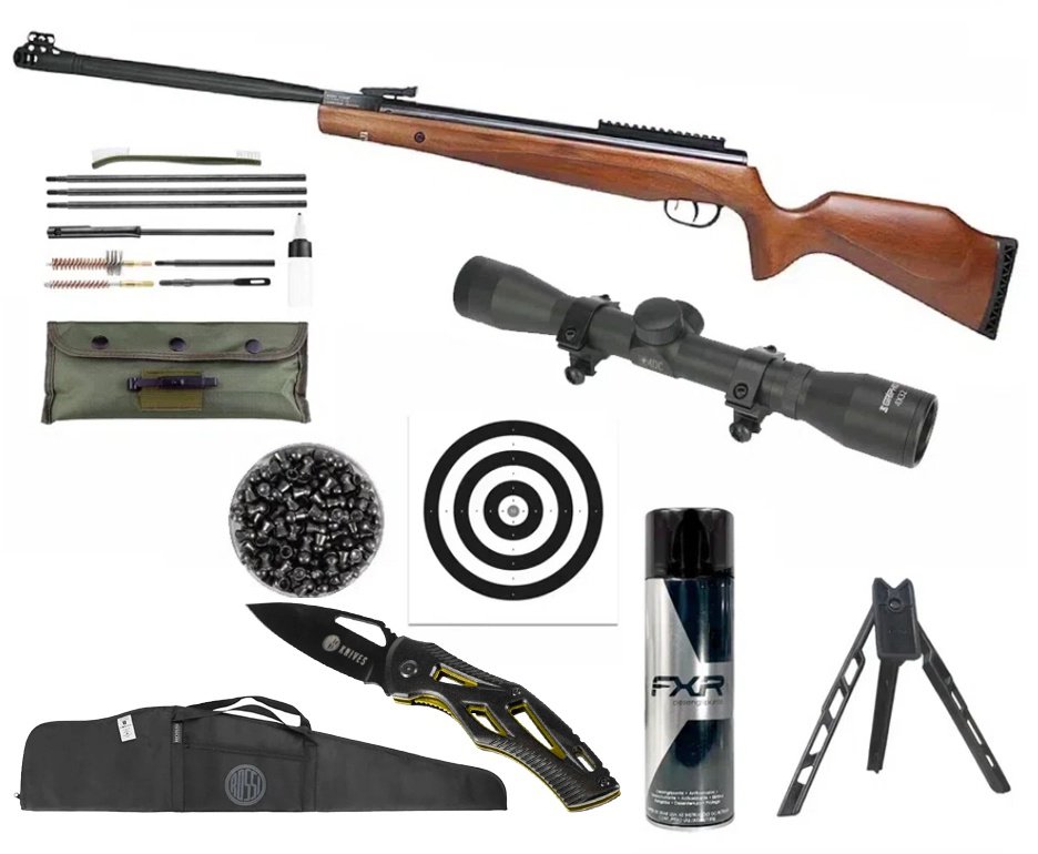 Carabina de Pressão Beeman Viper Madeira 5,5mm Gás Ram Nitro 80kg + Capa + Luneta + Chumbos + Alvos + Kit de Limpeza + Desengripante / Anticorrosivo + Tripé + Canivete