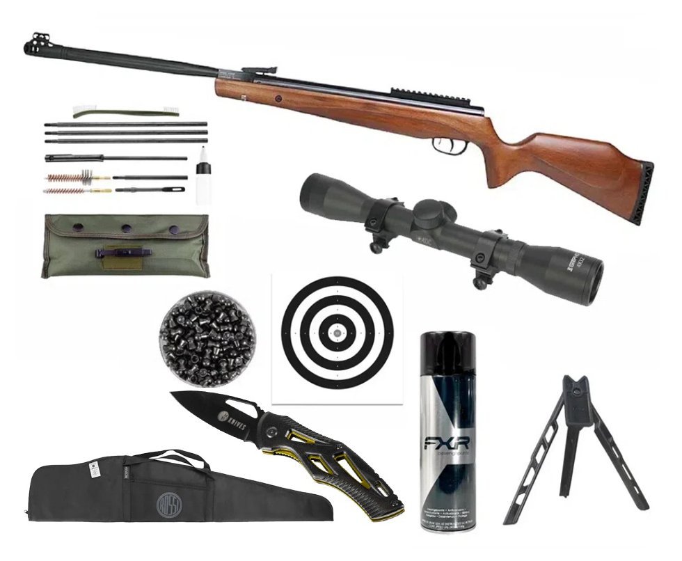 Carabina de Pressão Beeman Viper Madeira 5,5mm Gás Ram Nitro 80kg + Capa + Luneta + Chumbos + Alvos + Kit de Limpeza + Desengripante / Anticorrosivo + Tripé + Canivete