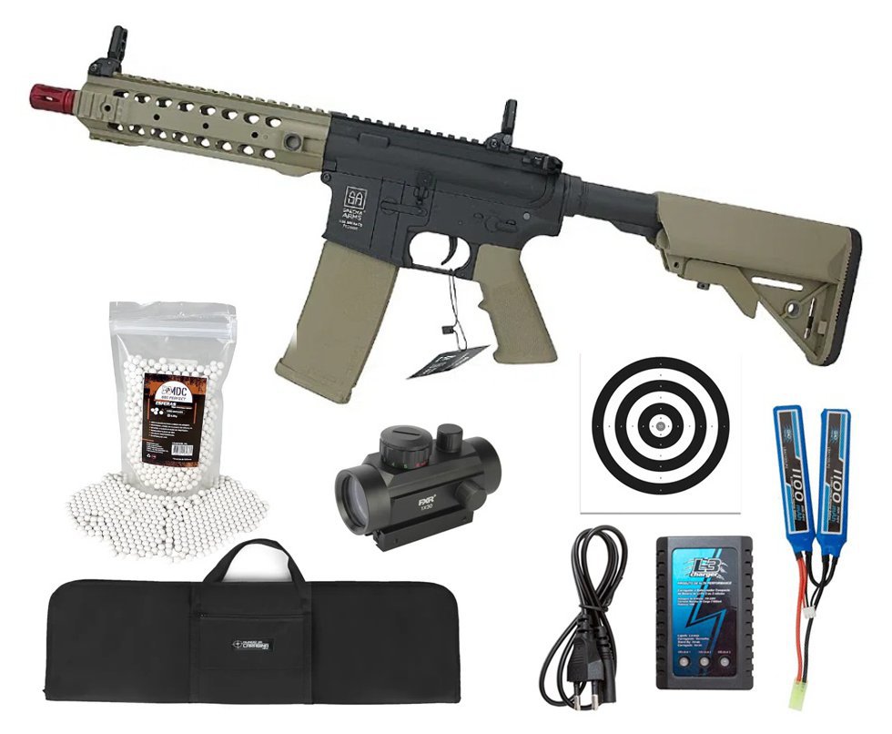 Rifle de Airsoft AEG M4 SA-F01 Flex CQB Keymod Half Tan - Specna Arms + Bateria + Carregador + BBS + Capa + Red Dot + Alvos