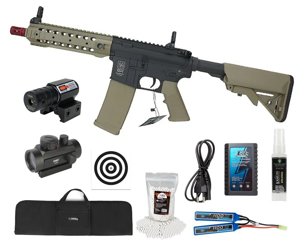 Rifle de Airsoft AEG M4 SA-F01 Flex CQB Keymod Half Tan - Specna Arms + Bateria + Carregador + BBS + Capa + Red Dot + Alvos + Laser + Kamuff