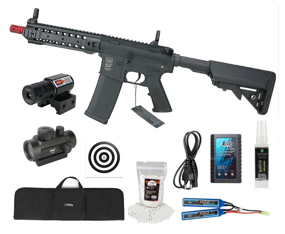 Rifle de Airsoft AEG M4 SA-F01 Flex CQB Keymod Black - Specna Arms + Bateria + Carregador + BBS + Capa + Red Dot + Alvos + Laser + Kamuff
