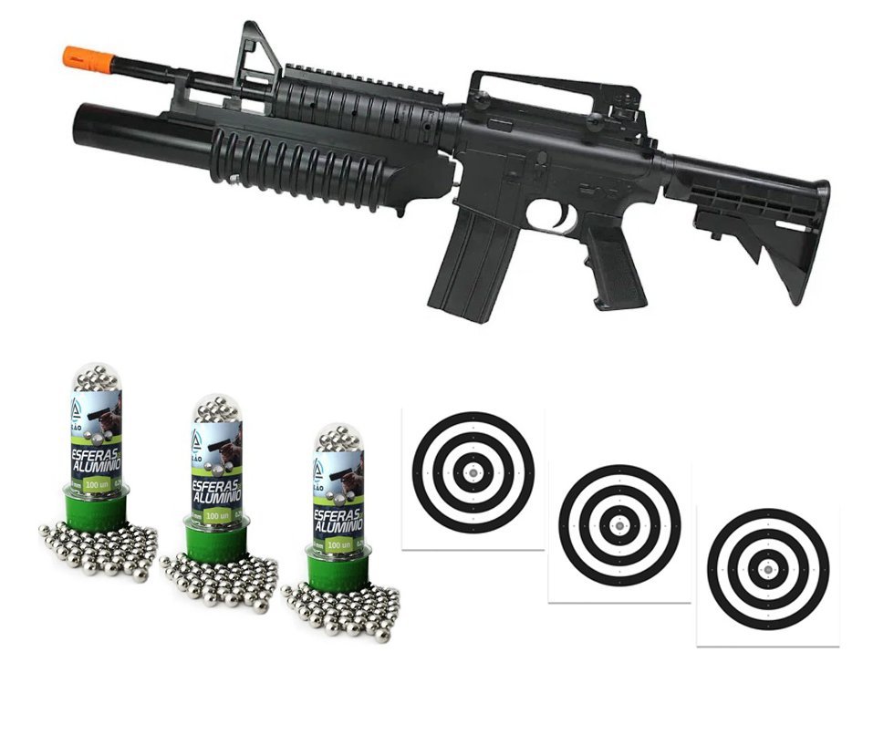 Rifle de Pressão M4A1 Spring Cal 6mm esfera alumínio KWC - Rossi + Alvos + BBS