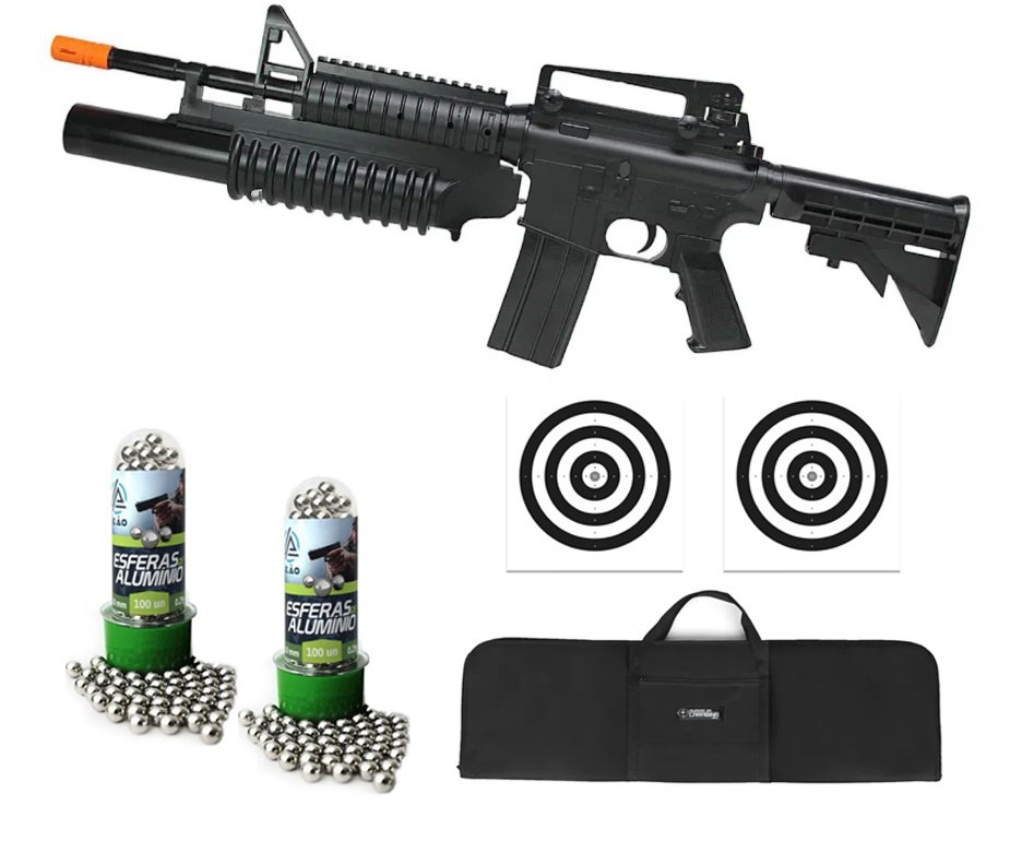 Rifle de Pressão M4A1 Spring Cal 6mm esfera alumínio KWC - Rossi + Capa + Alvos + BBS