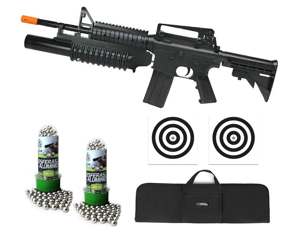 Rifle de Pressão M4A1 Spring Cal 6mm esfera alumínio KWC - Rossi + Capa + Alvos + BBS